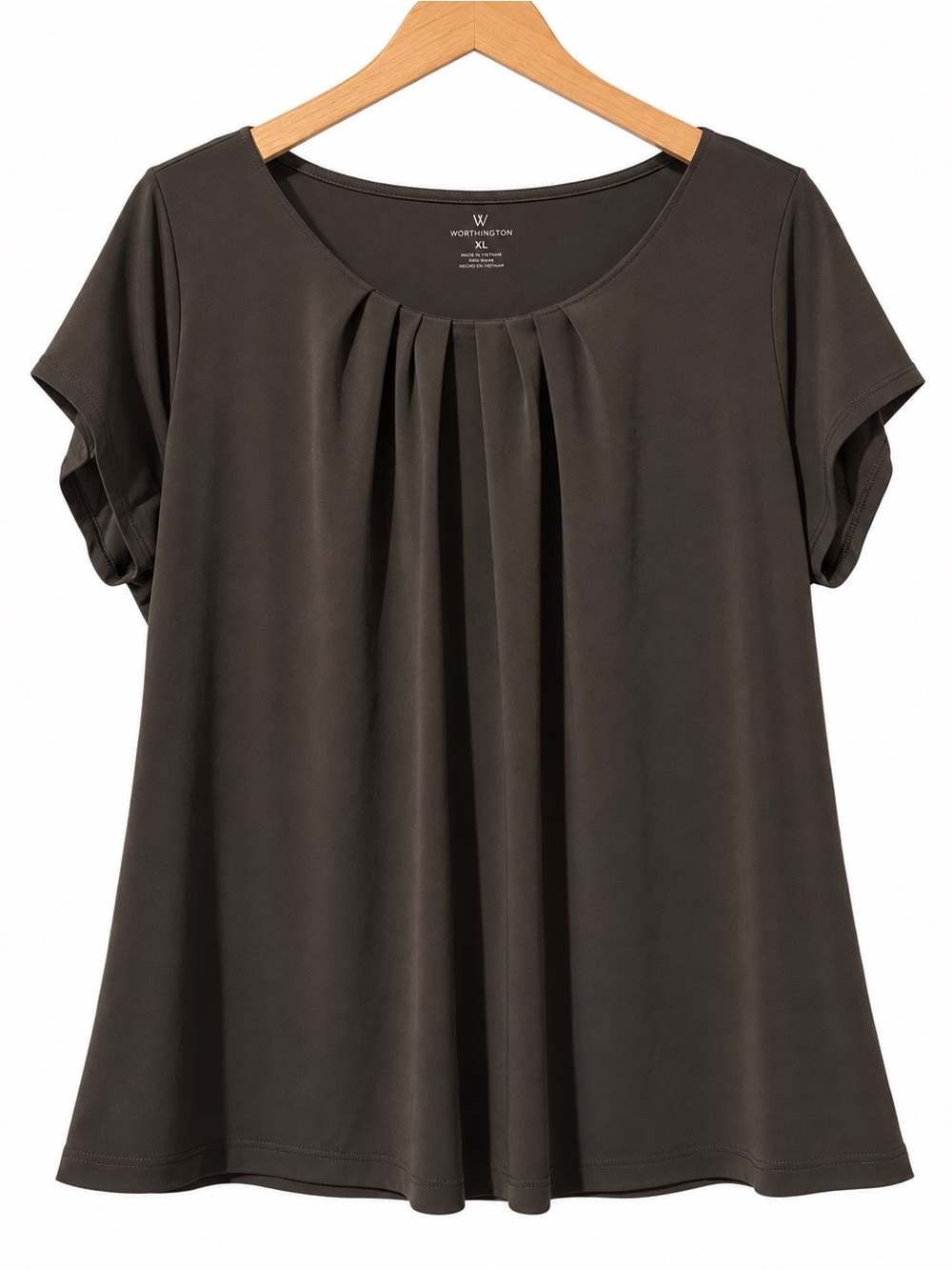 Worthington Dark Grey Short Sleeve Pleated Scoop Neck Top